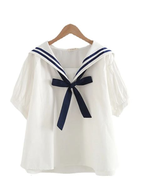 Merry Pretty Summer Women Cotton Top and Bluses in stile preppy Sailor Collar sciolto blu blu scuro blouse uniforme top 240407