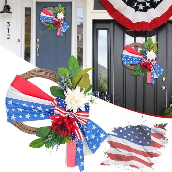 Flores decorativas Decorações de Natal ao ar livre 17,7 polegadas Red White Branch Brancy Azul para a porta da frente de folhas de orelhas de cordeiro de julho