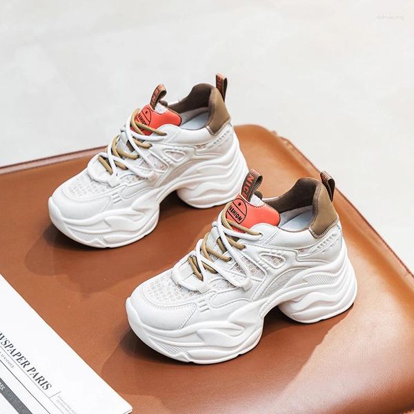 Casual Shoes Air Mesh vulkanisieren echte Leder -Plattform Keilschneider Sneaker Frauen Komfort Sandalen 9cm Sommer Spring Hollow Chunky