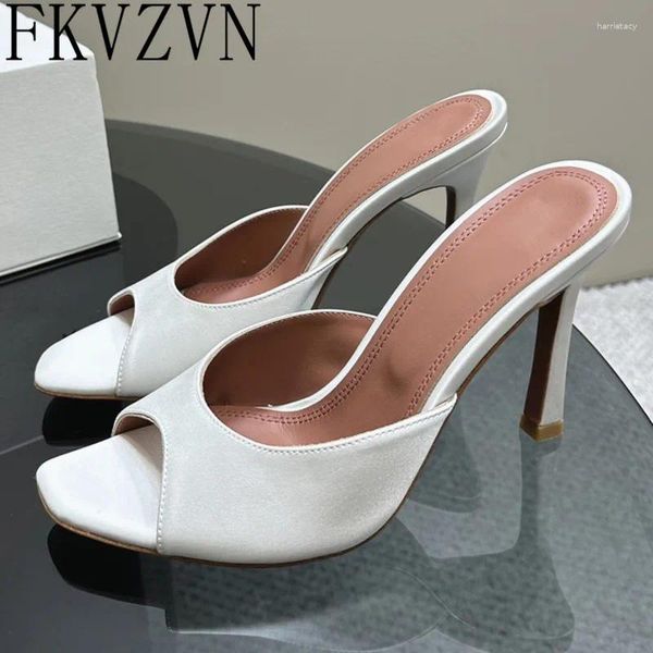 Slippers White Peep Toe Silk Salk Heels High Gladiator Stiletto deslize em sapatos sexy Moda de cetim Sandals Mulheres