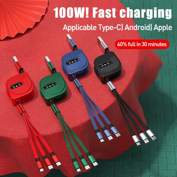 3 in 1 Cavo di carica USB multiplo retrattile 6A 100W Super Fast Charging Data Cable Universal per iPhone 14 Xiaomi Samsung Huawei 1,2m con scatola di vendita al dettaglio