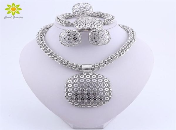 Dubai Silver Plated Jewelry Set Women Women Pingente Big Pingente Moda Nigeriana Casamento Africano Costume de Jóias de Jóias de Brides 2203505817