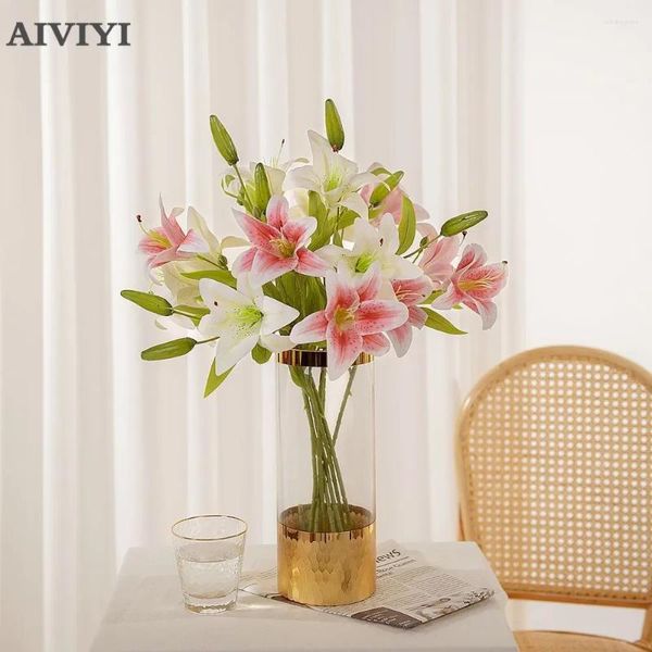 Flores decorativas de cabeça dupla 3d Lily Artificial Seda