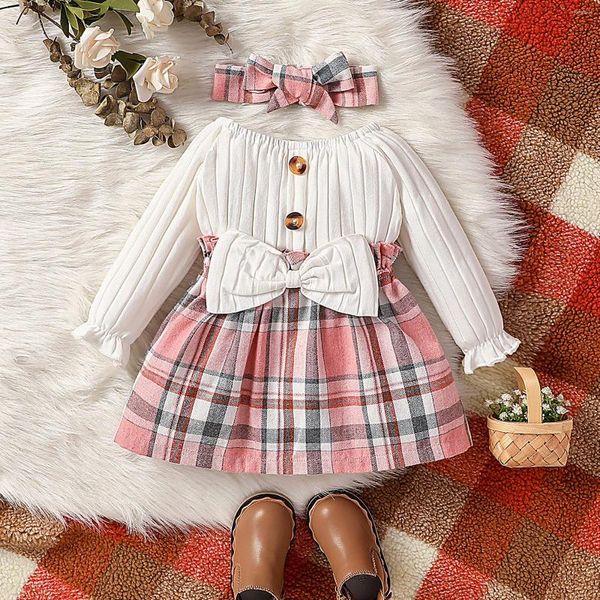 Mädchenkleider Kleid für Kinder 3m-2y Mode Langarm Weihnachten rote Plaid Prinzessin formelle Bowknot Party Stirnband Weihnachtsgeschenk