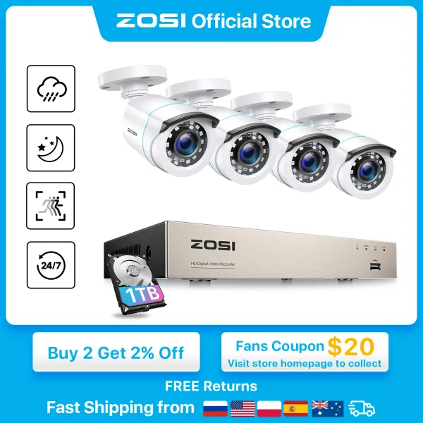 Объективная система безопасности Zosi Home Security H.265+ 8CH DVR 4/8pcs 2,0MP 1080p Ночное зрение.