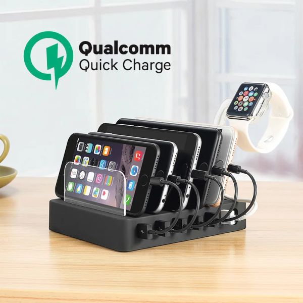 Зарядная станция концентраторов с быстрой зарядкой QC 3.0, самой быстрой док -станцией 6PORT, зарядной станции USB для нескольких устройств, телефонов, планшета