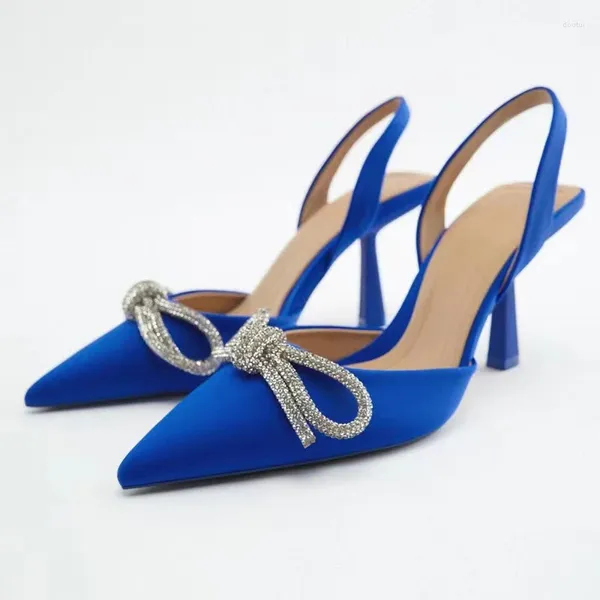 Scarpe eleganti donne slingback blu pompe con tacchi alti Crystal Bowknot Domana sexy puntata a punta di piedi sandali tallone estate 2024