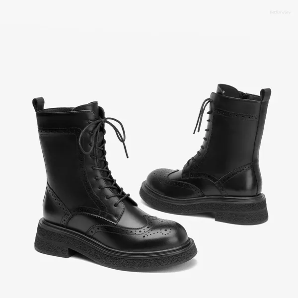 Botas beautoday tornozelo mulheres vaca couro cor sólida cor de asa longa de ala de dedão zíper do zíper 2024 Winter Ladies Shoes 03d15