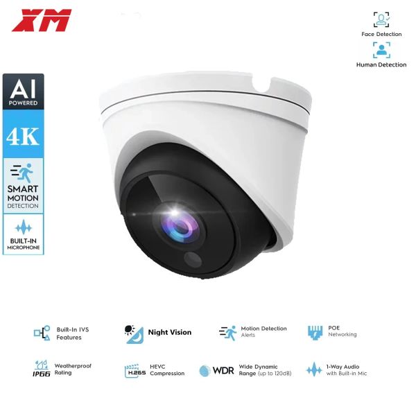 Lente 4K XM Poe 8MP Audio IR Dome AI IP Camera Night Vision 85ft Suporte Detecção Humanoid e IP66 à prova de intempéries com uma chave Redefinida