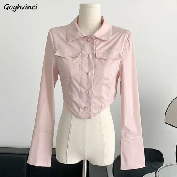 Magliette magliette camicie a maniche lunghe Donne rosa Hotweet Ins Temperamento di moda coreano Sexy Casual Chic Spring Crops Tops Minimalist College Girls