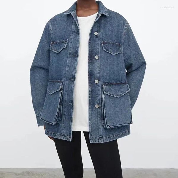 Frauenjacken Frauen Jacke Frühherbst 2024 Retro -Denim mit großen Taschen gerade Rohr von Schulter loser Ladungsplatte