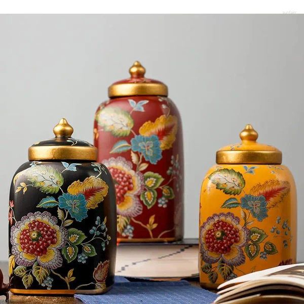 Garrafas de armazenamento pintaram frascos de jarro de cerâmica floral com tampas de chá de caddy decoração artesanato vaso arranjo de flores decoração de casa vintage