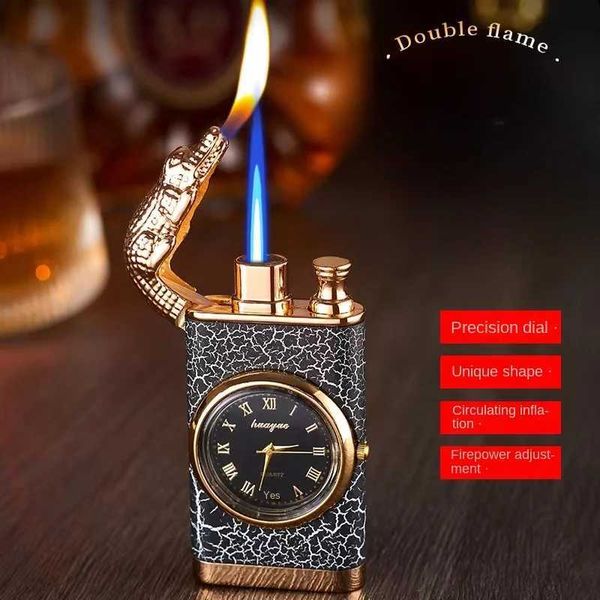 Lighters Sıradışı Timsah Çift Ateş Metal Taşınabilir Rüzgar Geçirmez Bütan Gaz Hassas Dial Mens Hediyesi T240422