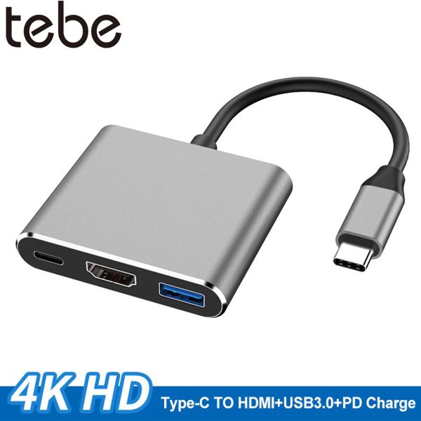 Hubs Tebe Typec Hub USB C к Hdmicabatible Splitter USBC 3 в 1 4K HDMI USB 3.0 PD Fast Зарядка Умная адаптер для MacBook Dell