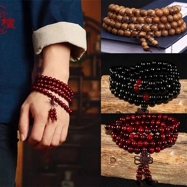 8 mm buddhist natürlicher Sandelholz Buddha Meditation Holz Gebet Perle Mala Armband Frauen Männer 108 Perlen Armreifen Hängende Dekoration 240418