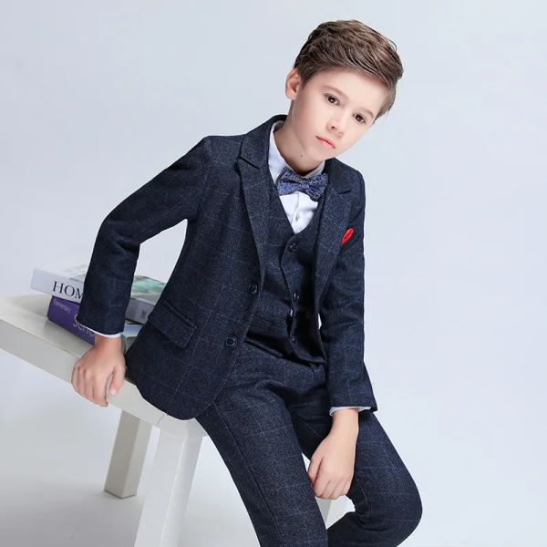 T-Shirts Herumn Winter Kinder formeller Anzug Set Flower Boy Hochzeit Party Klavier Show Kostüm Kinder Pliad Blazer Weste Hose Hemden Outfits Outfits