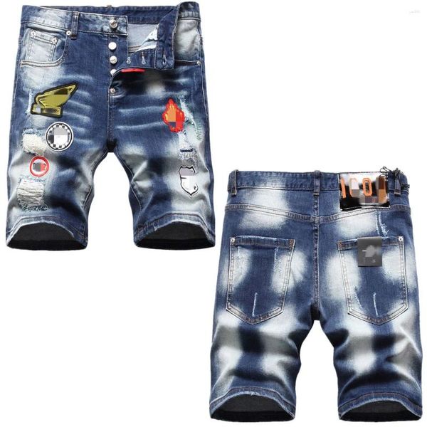 Jeans masculino jeans de verão rasgado bordado short shorts elásticos raninhos de moda de moda de cinco pontos tendência