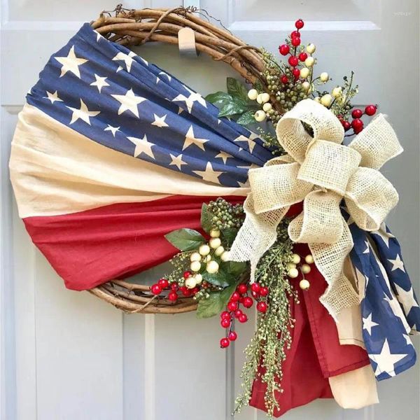Flores decorativas Fazinha de tecido da porta patriótica da bandeira americana para a independência do dia de feriado de feriado Berry Flow Flower Balcony