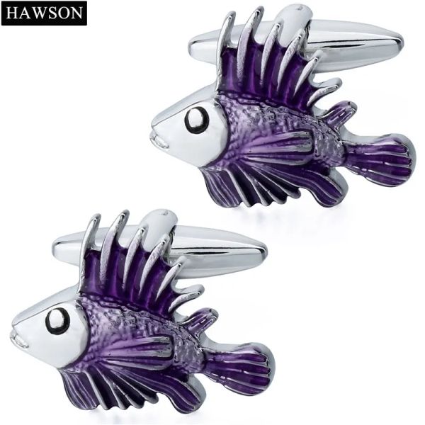 Links Hawson Style Fluflinks Fish Tropical IMitation Rhodium com abotoaduras de esmalte roxo para algemas/camisas masculinas