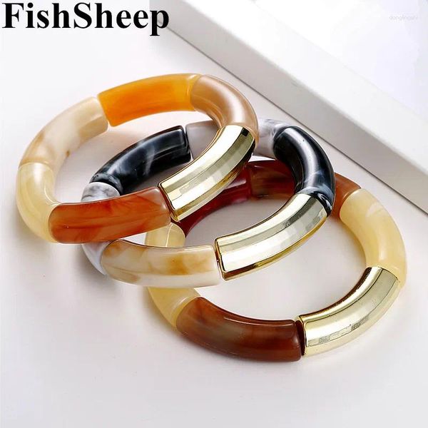 Charme Armbänder Fischscheibe Gold Farbe Acrylgrangs für Frauen Harz Dehnungskrümmte Perlenröhrchen Armband Mode Schmuck