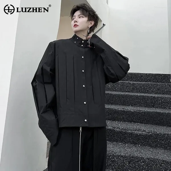 Herren lässige Hemden Luzhen Fashion Plissee Design Langarmjacke High Street 2024 Frühlingsnieten dekorative trendige koreanische Oberteile LZ1952