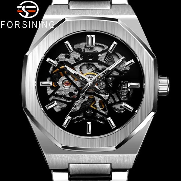 Relógios Forsinando novos homens mecânicos automáticos Wristwatch Exército Militar Sport Male Male Top Brand Luxury Silver Skeleton Man Watch 8198