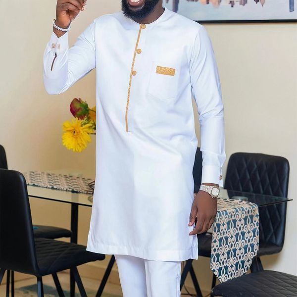 Men White Suit Set Wedding Luxury Color Solid Tops calças com bolsos Roupa de Kaftan Sets 2Pia Sets African Ethnic Casual Wear 240412