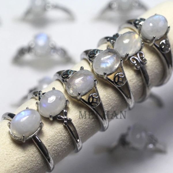 Beads Meihan Großhandel A+ Natural Moonstone Edelstein Stein Steiner Oval Perlen Verstellbare Ringfrauen für Schmuckgeschenke