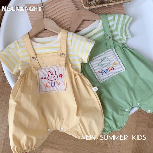 T-shirt Summer Kids Boys Girls Girls Short Short Striped Thirts Cinger Patch Cute Animalsanthes Muper Nuova vestiti per bambini neonati