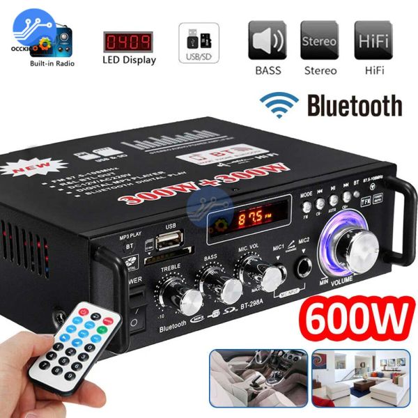 Amplificatore da 600w amplificatore Bluetooth 300W+300W 2CH HIFI Audio Stereo Power AMP USB FM Auto Radio Home Theater con telecomando