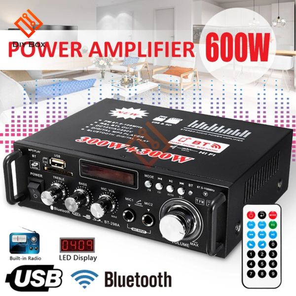 Усилитель усилителя 600W Bluetooth для динамиков 300W+300W 2CH Hifi Audio Stereo Power Amp USB FM Радио -автомобиль Home Theatre Пульт дистанционного управления