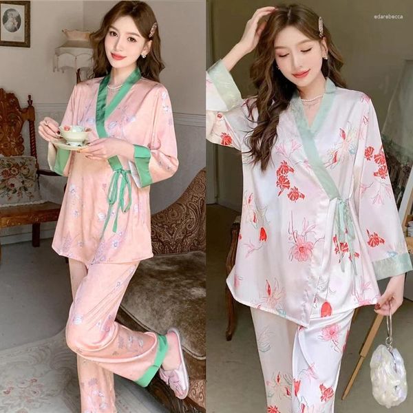 Pijamas impressos de roupas de dormir femininas Terno de calças de manga longa sexy de manga longa 2pcs gelo quimono casual casual roupas casuais roupas