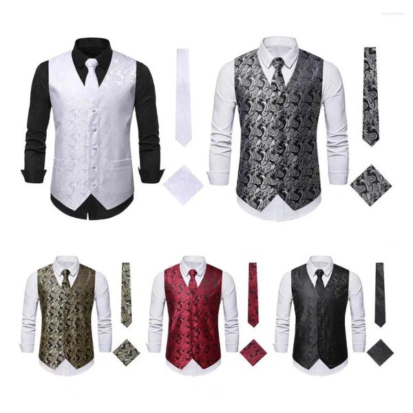 Herrenwesten 3pcs Männer Spring Weste Set Cashew Nuss Print Hochzeitsanzug V-Ausschnitt Single Breauzed Business Bindung Kerchief