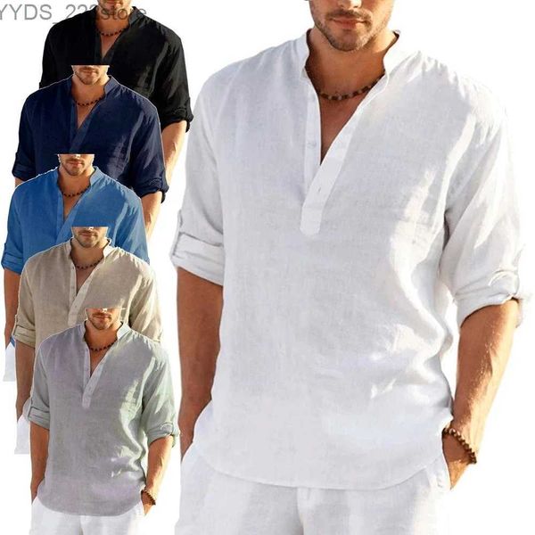 Camisas masculinas Novo linho diário de mangas compridas coloração sólida camisa solta de mangas compridas top liew largo Camisa masculina yq240422