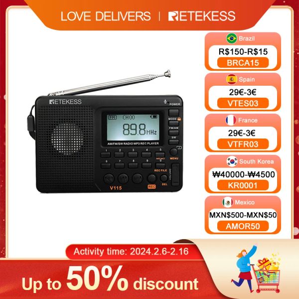 Radio Receekess V115 Радио FM AM SW Портативные радиоприемники AM FM Перезаряжаемая коротковолновая радио