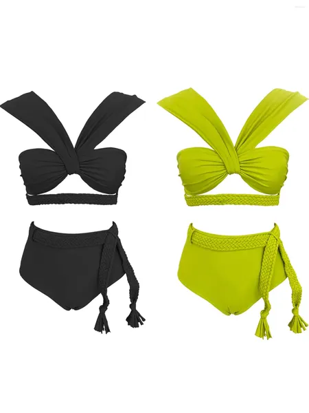 Damenbadebekleidung Feste Farbe geflochtener Seilgurt hoher Taille Bikini European und American INS Split Badeanzug für Frauen 2024