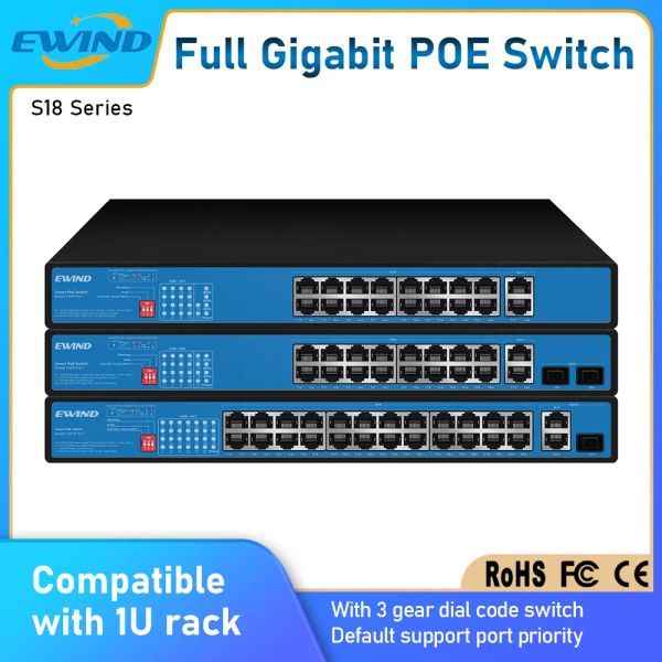 Steuerung Ewind Full Gigabit POE Switch 10/100/1000m Ethernet Switch 300W integriertes Netzteil für IP -Kamera/WLAN -AP AI Smart Switch