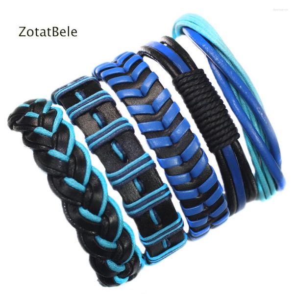 Charm Armbänder 5pcs Männliche Lederarmknreifen für Männer Blau geflochten