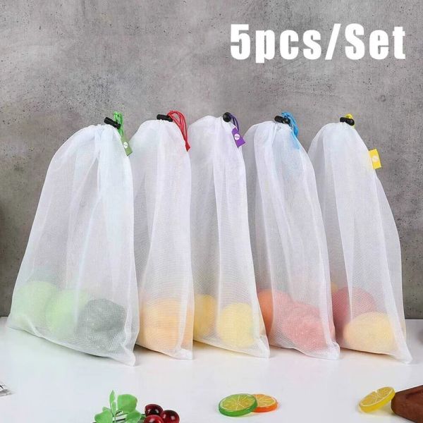 Sacchetti 5 pezzi/set borse in rete riutilizzabili giocattoli vegetali di frutta Organizzatore organizzatore di imballaggio alimentare pacchetto tasca da cucina cucina cucina