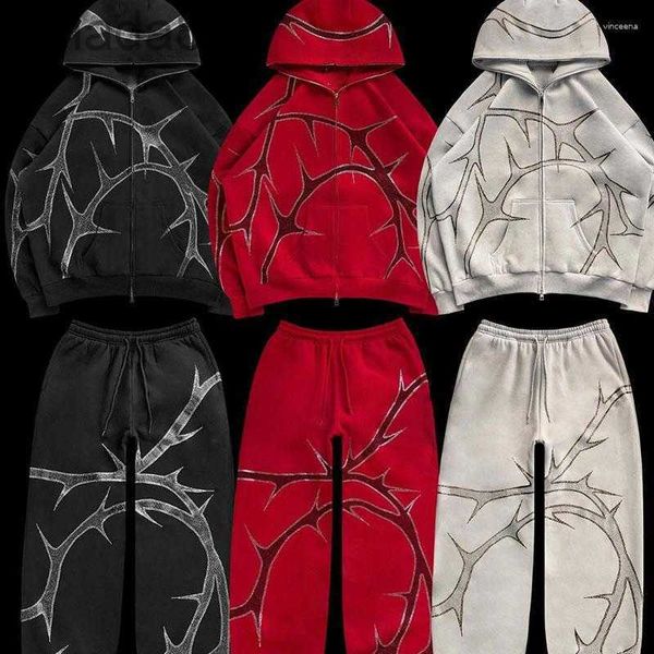 Felpa con cappuccio da uomo Stazione indipendente Nuovo Prodotto Thorn Rhinestone Zip Hoodie Winter Y2K Hip Hop Punk High Street Irond Diamond Jmih Aanb