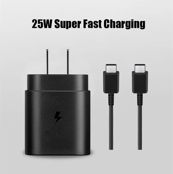 Samsung PD 25W Carregador EU US UK Adaptador de parede de carregamento super rápido DAUL Tipo C Cabo para Galaxy S23U S22 S21 S20 Ultra Note 20 10+ A53 Acessórios Carregador de Power Chargers Power Chargers