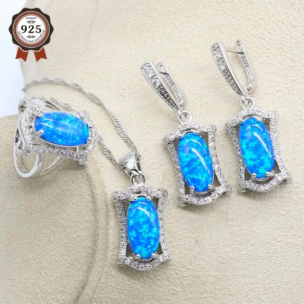 Colares 95%Off Silver 925 Blue Opal Bridal Jewelry Conjuntos para Brincos de Colar de Colar