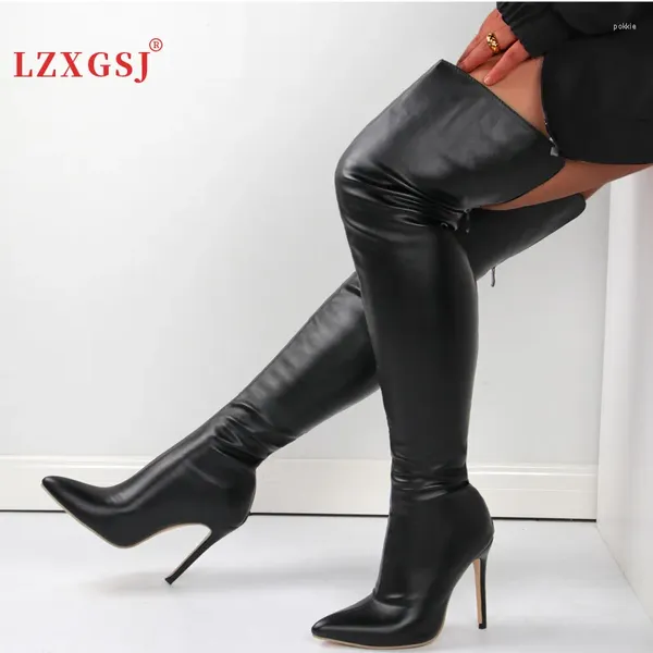 Сапоги Большой размер 46 Женская туфли сексуальные женщины на колене 2024 Зимние высокие каблуки черная красная спина Zip указал на пальцы пальца длинно