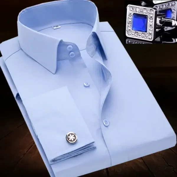 Erkekler Elbise Gömlek Erkek Fransız Kuff Gömlek Çift Yaka Düğmeleri İnce Fit Marka Mens Cufflink Partisi Smokin Düğün İş Evein