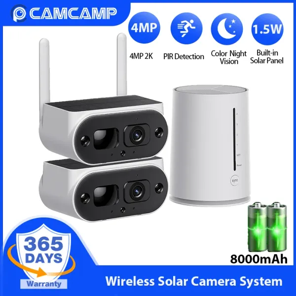 Камеры Camcamp 4MP Wi -Fi CCTV Система безопасности камеры Outdoor PIR Обнаружение 8000 мАч аккумуляторное видео с аккумулятором набор солнечной камеры P2P