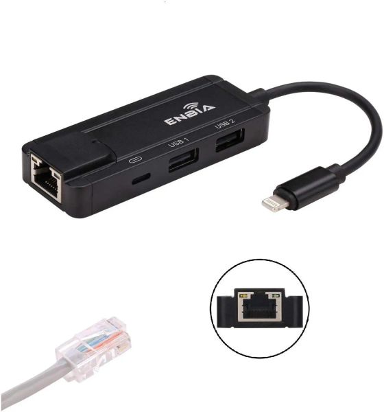 Hub Hub Hub Ethernet Adaptörü, iPhone iPad için RJ45 Kartı, 2 USB dişi bağlantı noktası, Şarj Veri Senkronizasyonu OTG Klavye Fare IOS 13 12