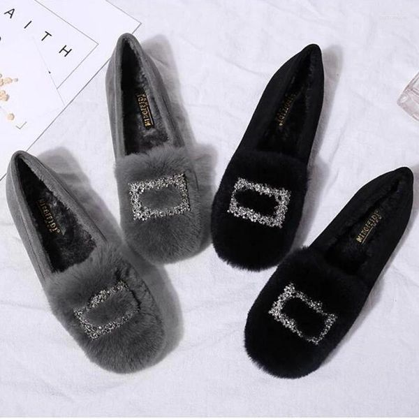 Sapatos casuais Marca Rhinestone Woman Winter Plexh Fels Flats Warm Mulheres Mocas de Cristal Deslizam Mocassins Tamanho Grande Cotton Shoes2024