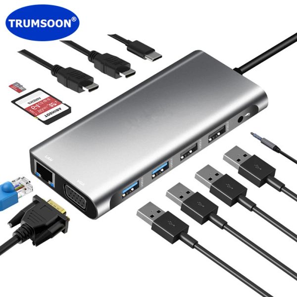 Hubs Trumsoon USB C Hub RJ45 LAN Tipo C PD 4K HDMicompatible VGA USB 3.0 2.0 SD TF Dock para MacBook iPad Samsung S20 Dex Switch