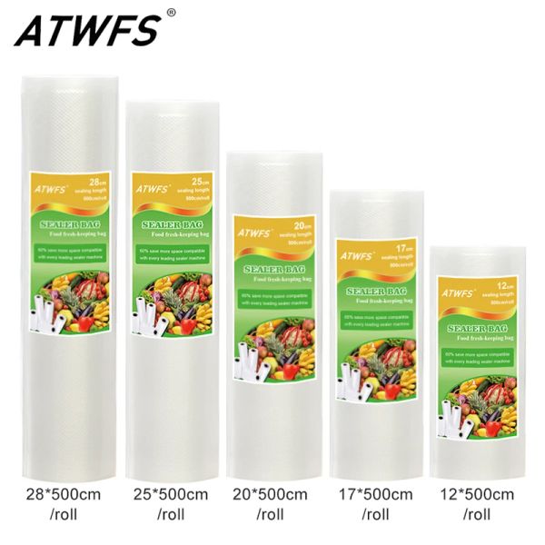 Versiegelung ATWFS Vakuumverpackung Rollen Vakuum Plastiktüten Lagerbeutel Haus Vakuumversiegelung Lebensmittelspar 12+17+20+25+28 cm*500 cm 5 Rollen/Los