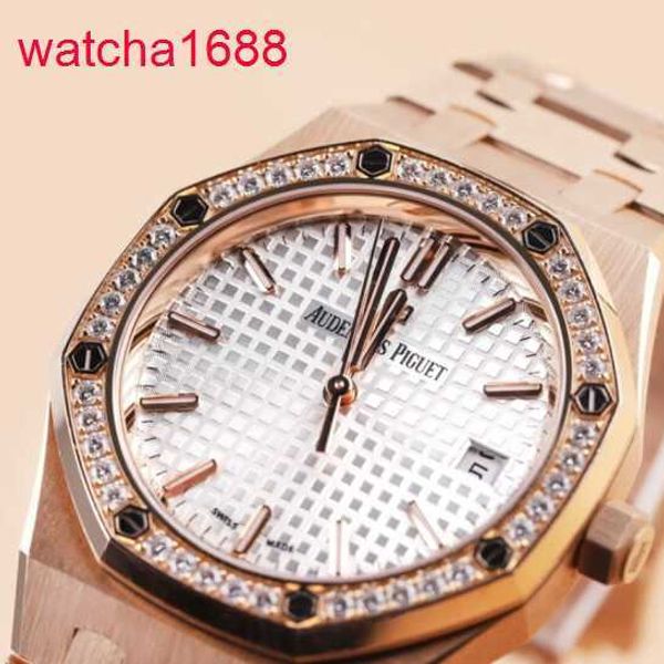 Mens AP Relógio de pulso 77351 ou anel externo do disco branco diamante 18k Rose Gold Royal Oak Womens 34mm Gold Rose Gold